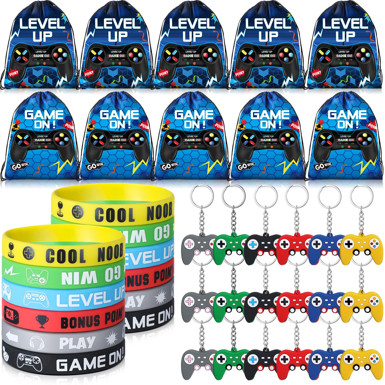 Nosiny 72PCS Video Game Party Favors Birthday Include 24 Video Game Goodie Drawstring Bags 24 Silicone Bracelet 24 Controller Ke