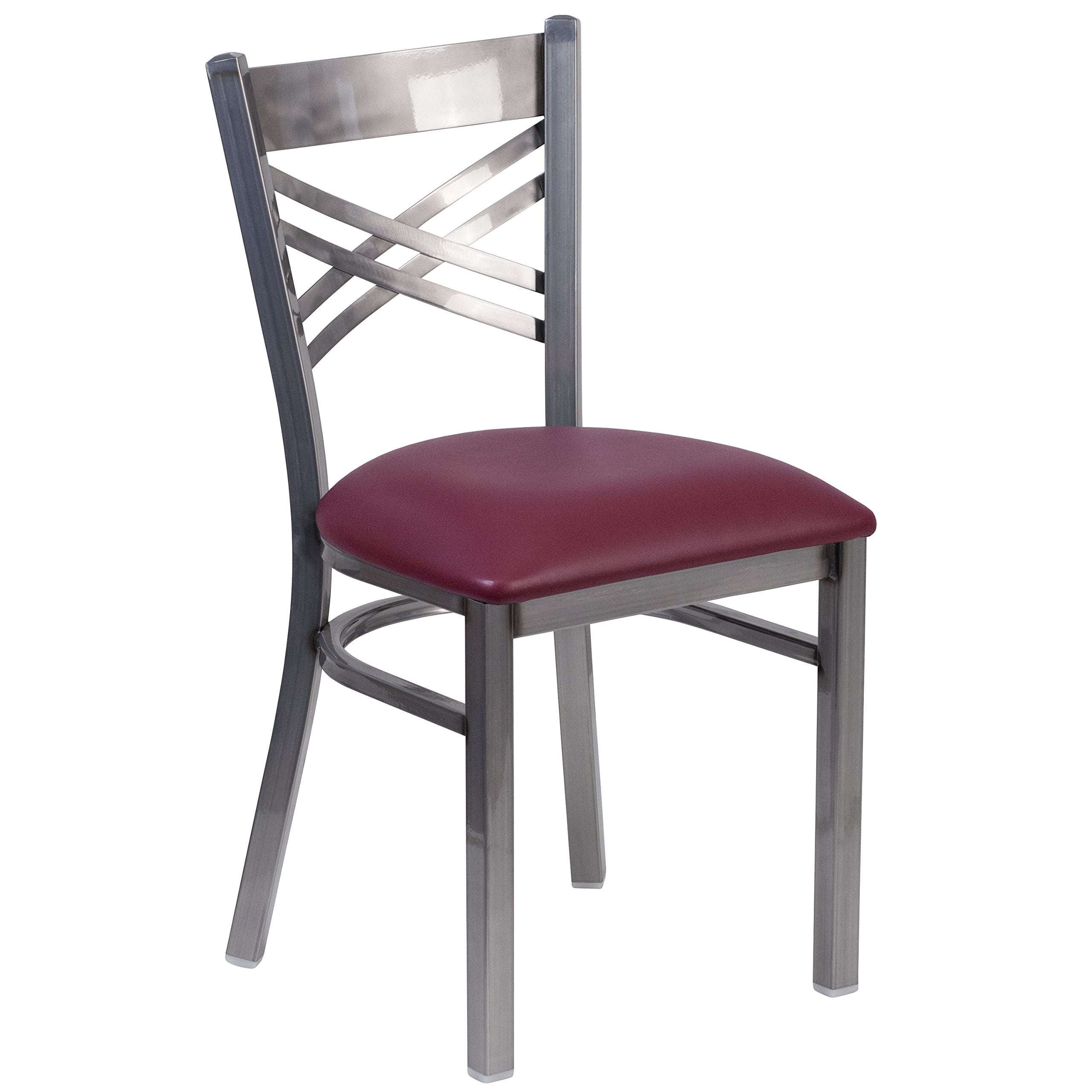 Flash Furniture Hercules Series Clear Coated ''X'' Back Metal Restaurant Chair - Burgundy Vinyl Seat