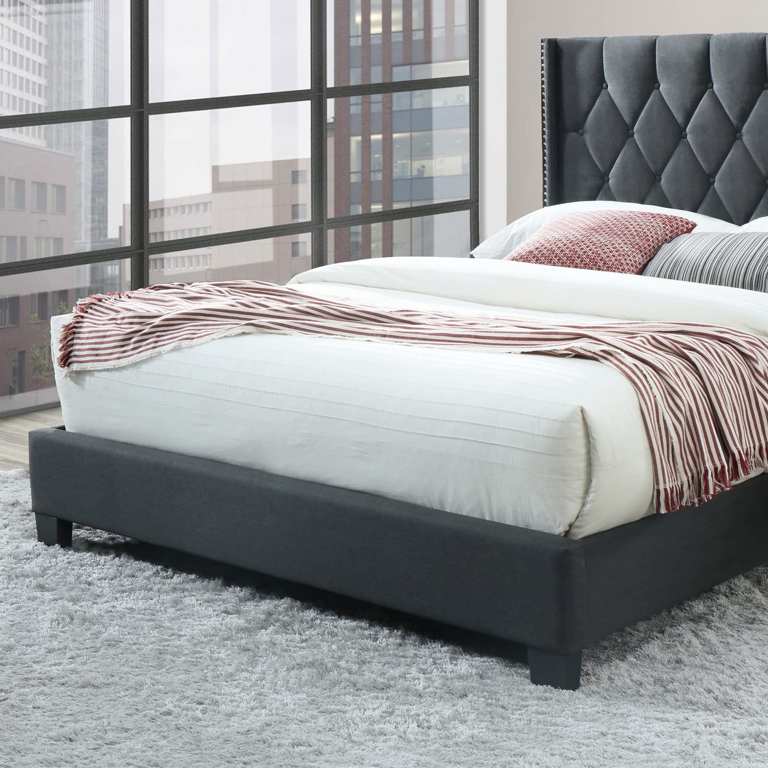 Better Home Products Amelia Fabric Tufted Queen Platform Bed in Charcoal