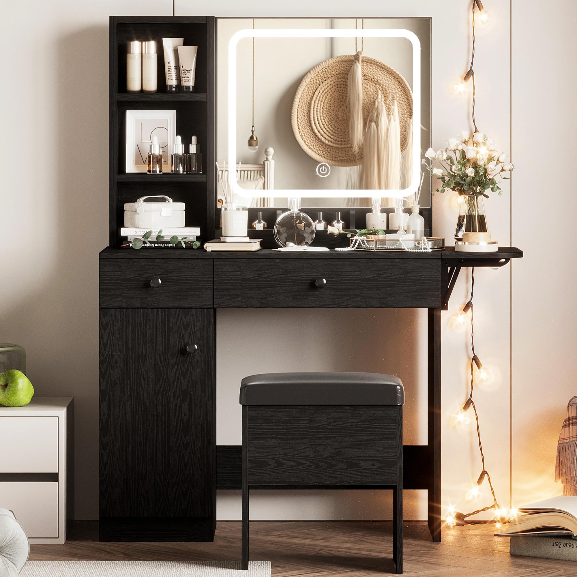 Ironck Vanity Desk With Led Lighted Mirror & Power Outlet, Makeup Table With Drawers & Cabinet,Storage Stool,For Bedroom, Black