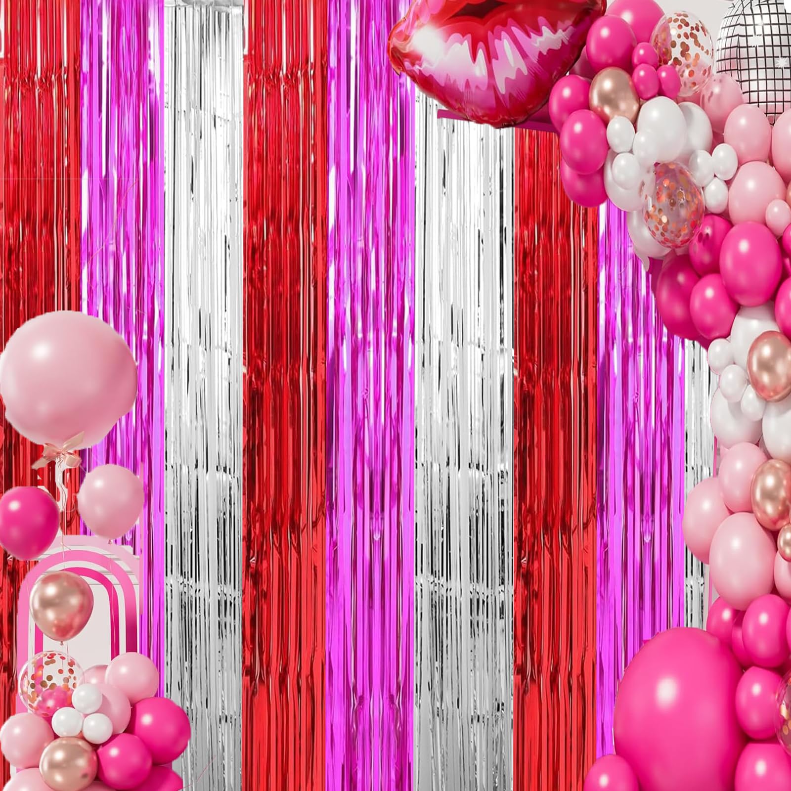 Valentine's Day Photo Booth Props Valentines Party Decorations Red Hot Pink Sliver Foil Fringe Curtain Photo Backdrop for Valent
