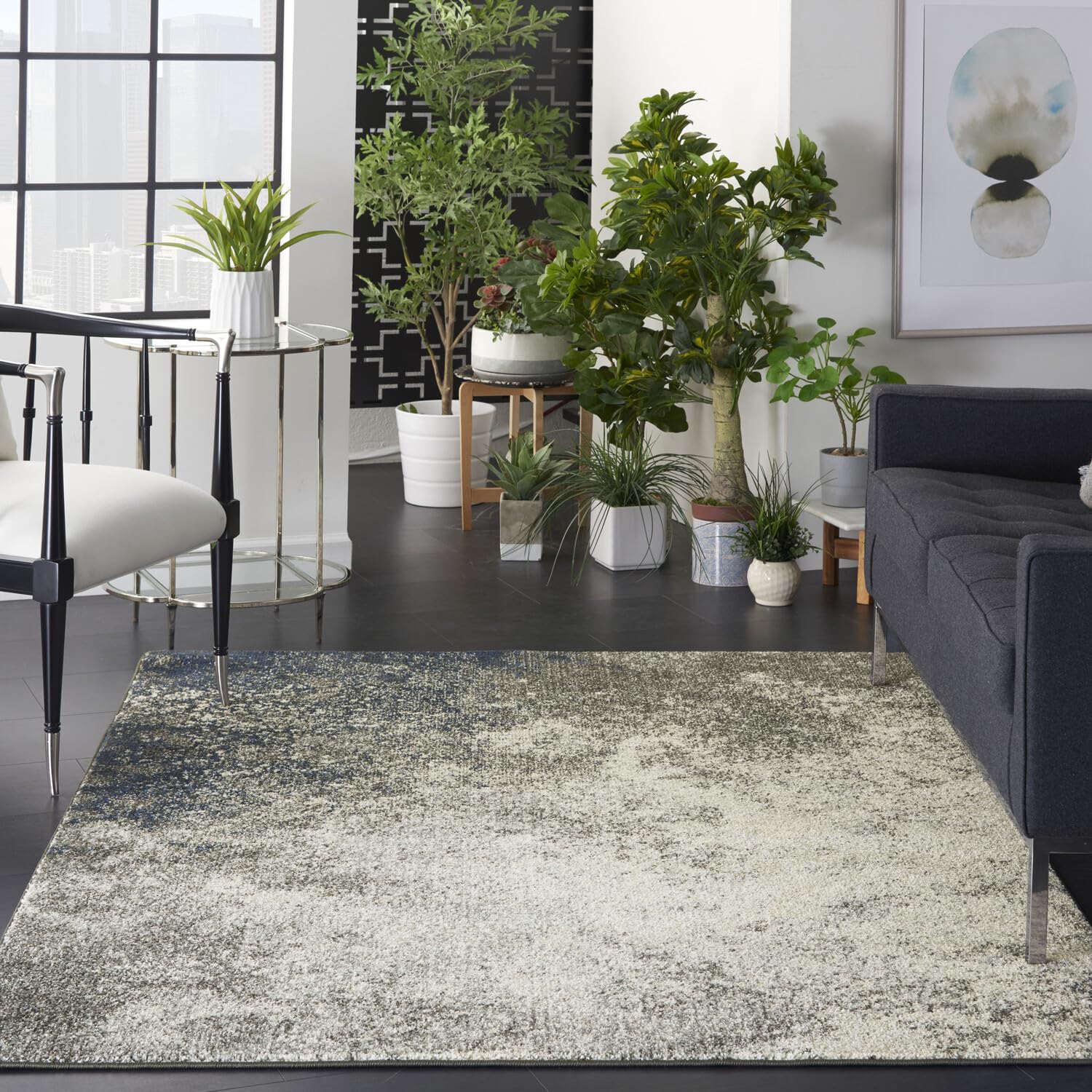 Nourison Passion Charcoal/Ivory 5'3'' X 7'3'' Area-Rug, Modern, Abstract, Easy-Cleaning, Non Shedding, Bed Room, Living Room, Di