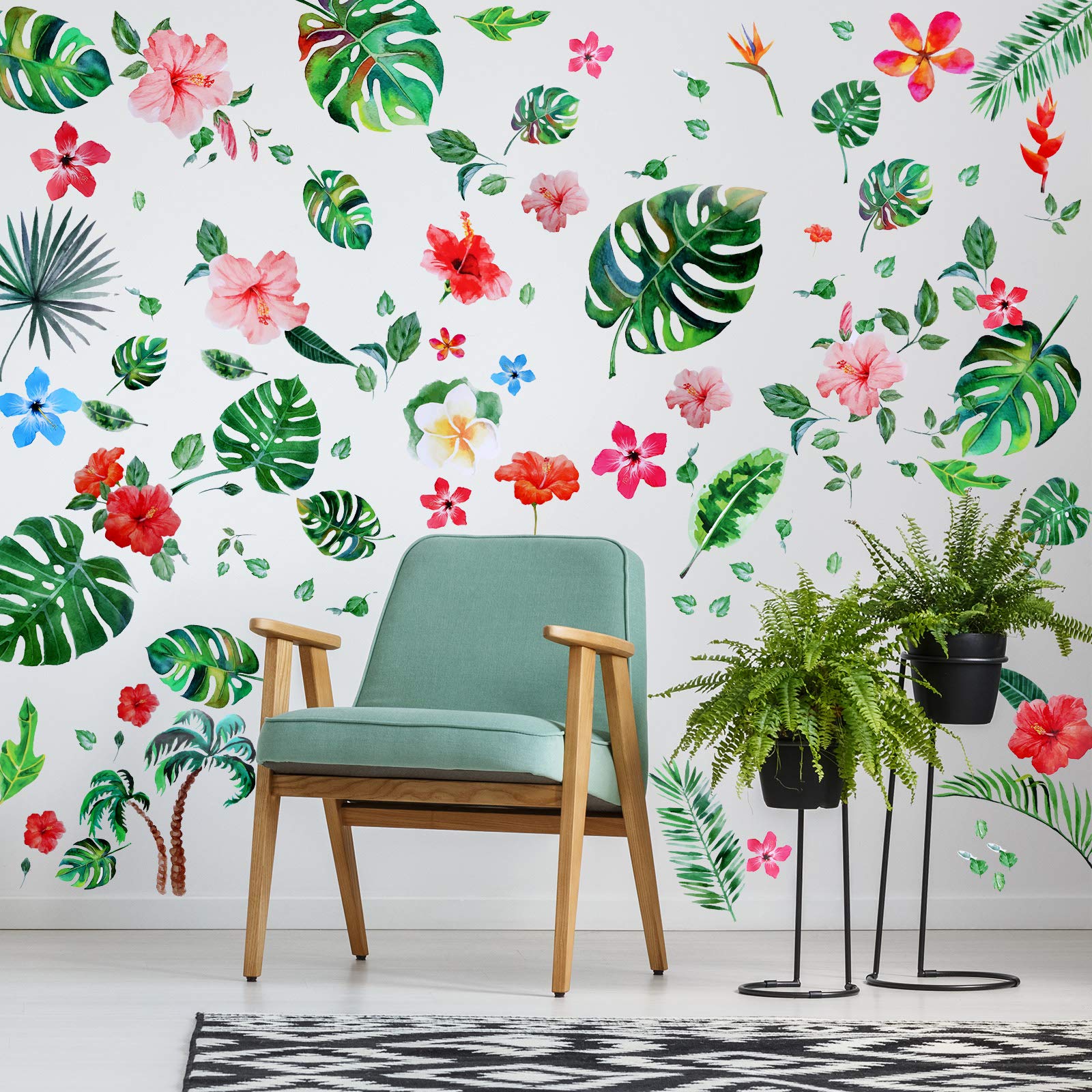 66 Pieces Large Palm Leaves Wall Decals Tropical Hibiscus Flower Peel Removable Stickers Green Plants Fresh Leaves Stickers for 