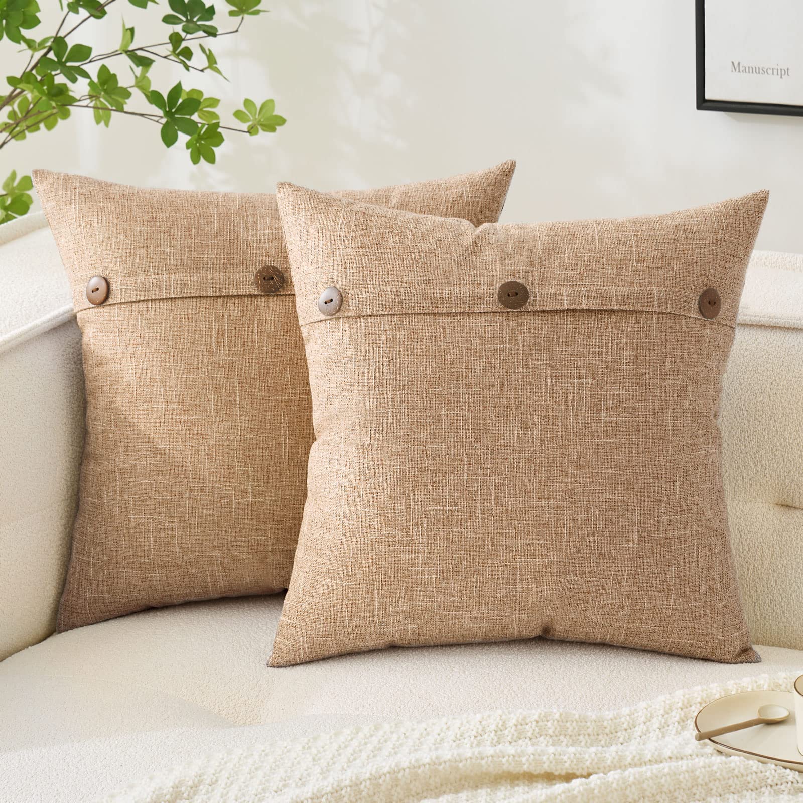 Miulee Set Of 2 Linen Throw Pillow Covers Cushion Case Triple Button Vintage Farmhouse Pillowcase For Couch Sofa Bed 20 X 20 Inch Light Tan