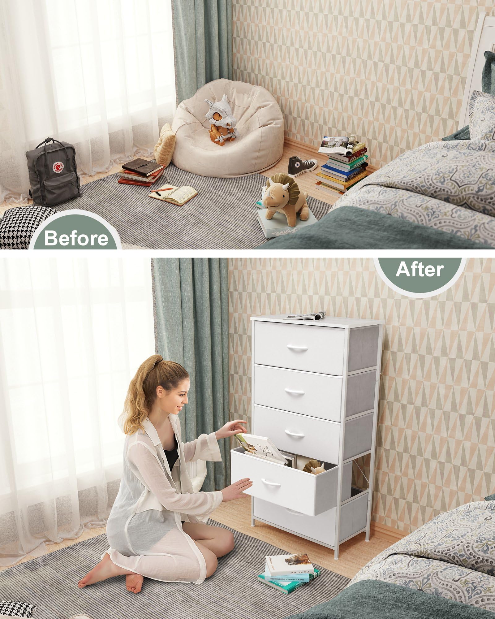 Crestlive Products Tall Dresser For Bedroom Vertical Storage Tower - Wide Fabric Dresser & Chests Of Drawers For Closet, Hallway, Entryway W/Wood Top, Easy Pull Fabric Bins - 5 Drawers(White)