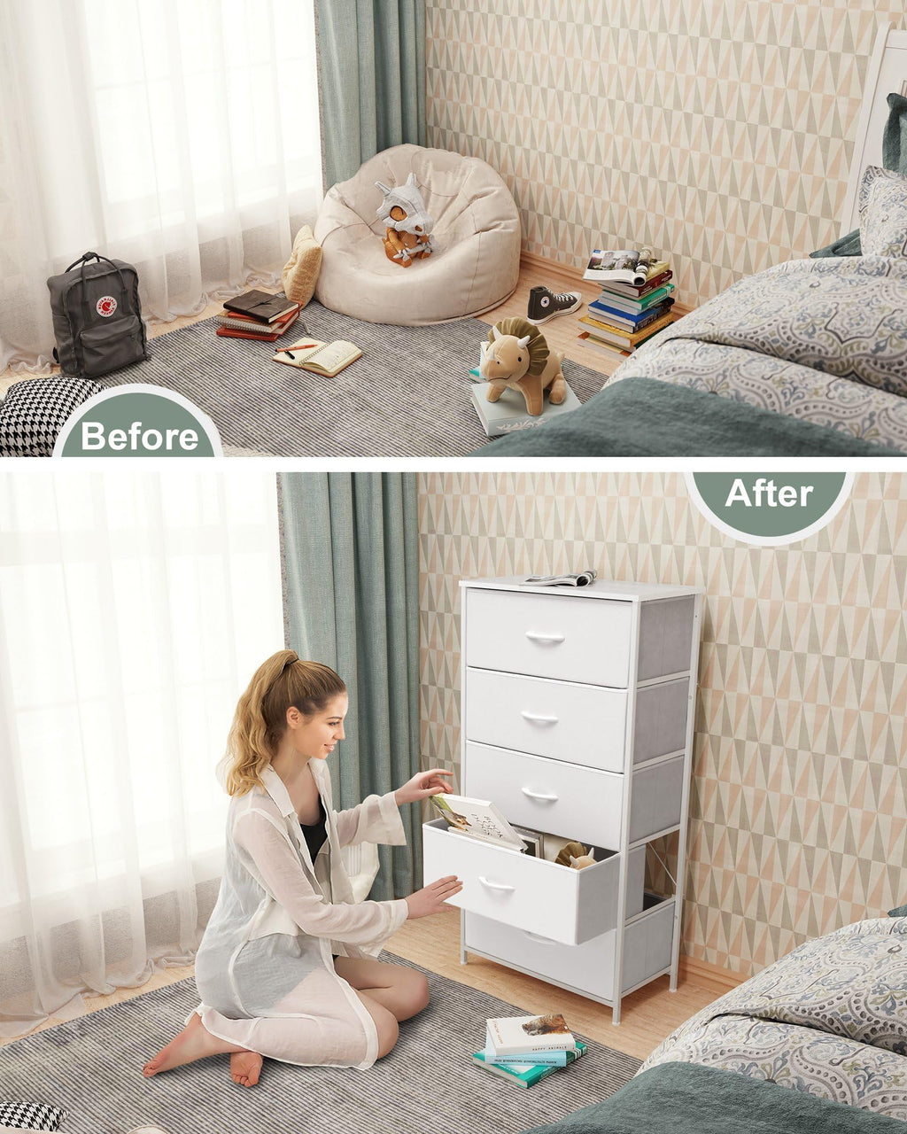 Crestlive Products Tall Dresser For Bedroom Vertical Storage Tower - Wide Fabric Dresser & Chests Of Drawers For Closet, Hallway, Entryway W/Wood Top, Easy Pull Fabric Bins - 5 Drawers(White)