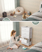 Crestlive Products Tall Dresser For Bedroom Vertical Storage Tower - Wide Fabric Dresser & Chests Of Drawers For Closet, Hallway, Entryway W/Wood Top, Easy Pull Fabric Bins - 5 Drawers(White)