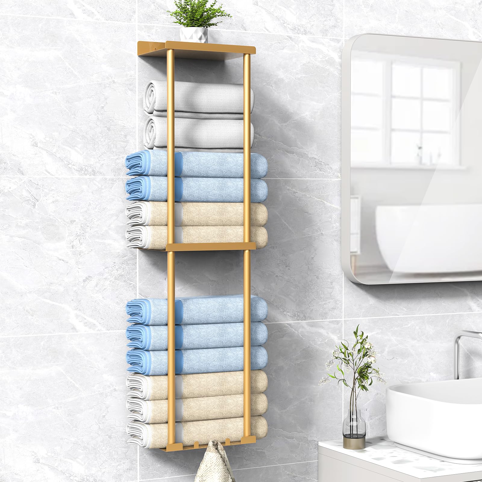 Liuoud Towel Rack for Bathroom, Wall Mounted Bath Towel Holder Storage Organizer for Rolled Towels, Vertical Towel Rack with She