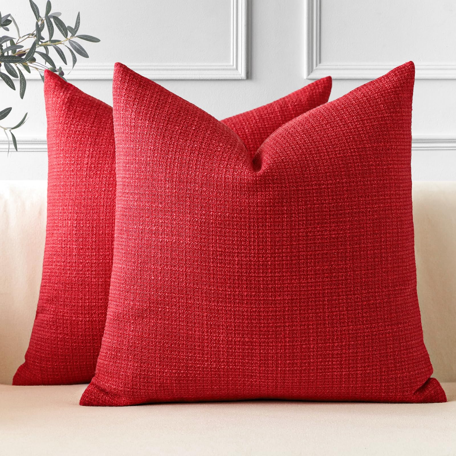 OTOSTAR Pack of 2 Throw Pillow Covers 20x20 Inch Linen Red Pillowcases Christmas Decorative Solid Pillow Covers 50x50 cm Square 