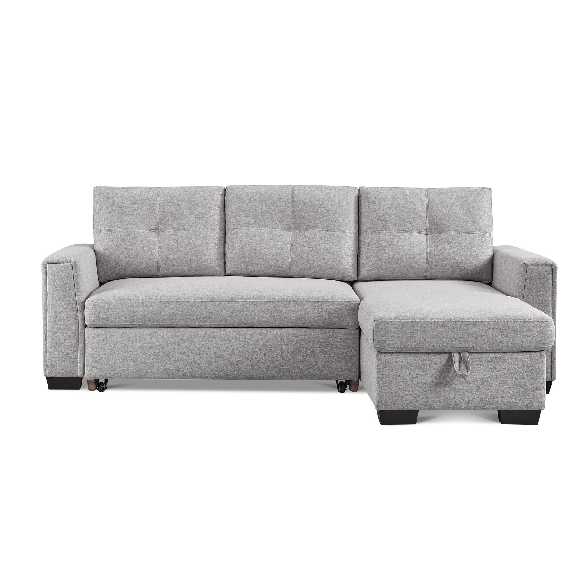 American Furniture Classics Light Grey Tufted Sectional Chaise Sofa Sleeper with Storage, 92" x 59" x 36"