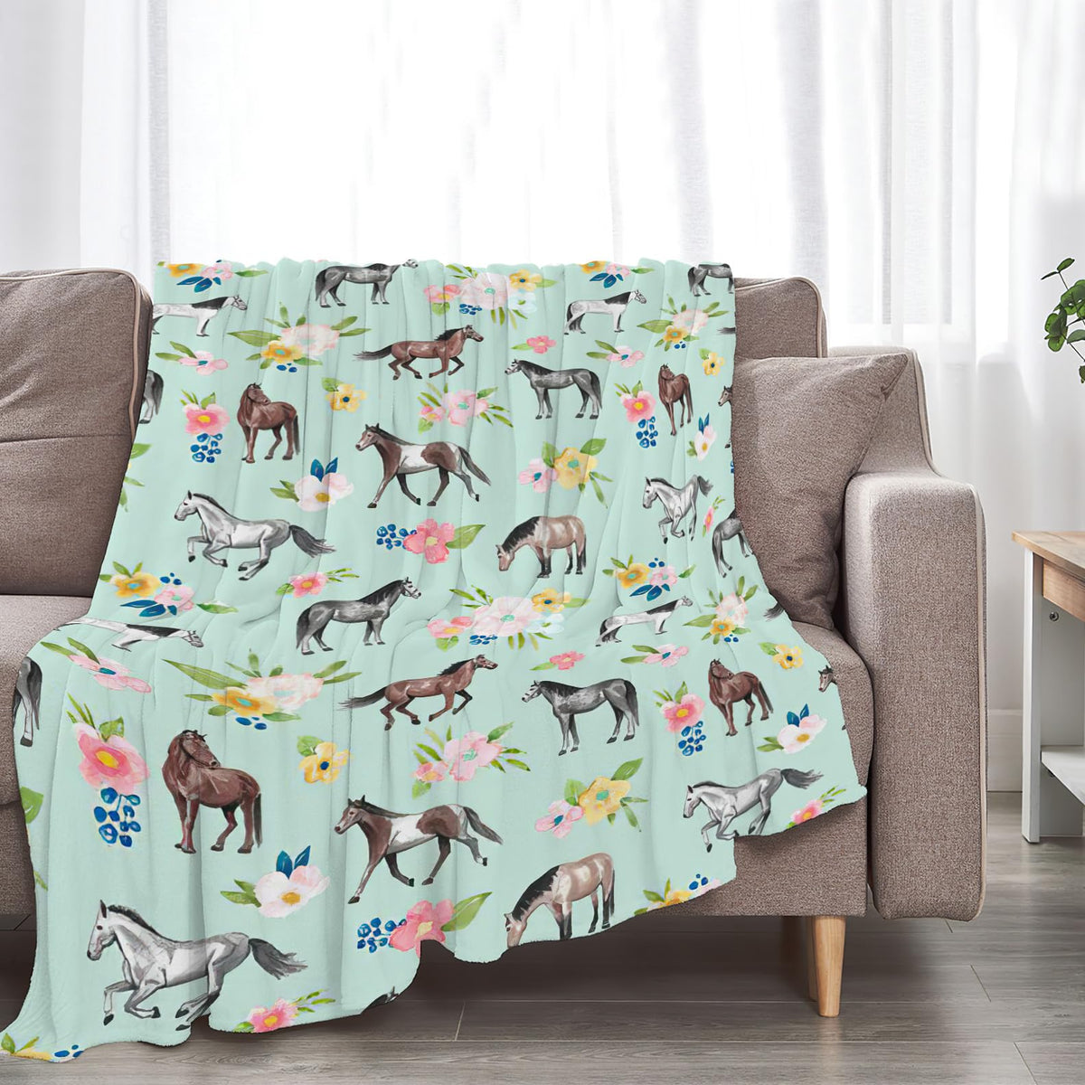 Horse Throw Blanket Super Soft Warm Floral Horse Blanket For Girls Kids, Cozy Plush Fleece Farm Animal Horse Gifts Bedding Blank
