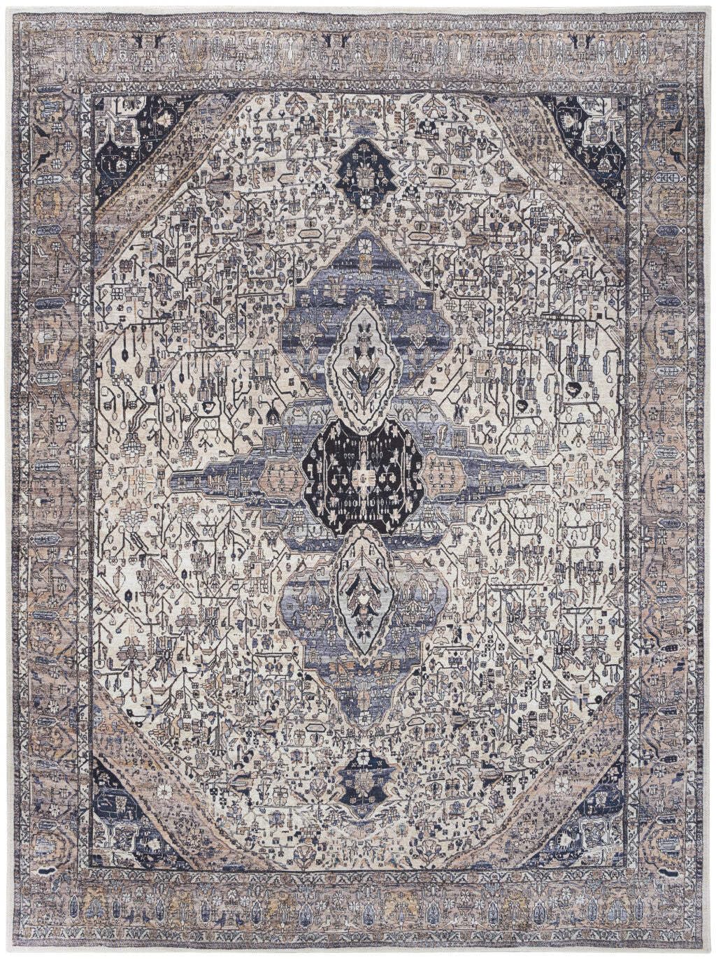 HomeRoots 533304 5 x 7 ft. Ivory & Blue Oriental Power Loom Distressed Washable Non Skid Rectangle Area Rug