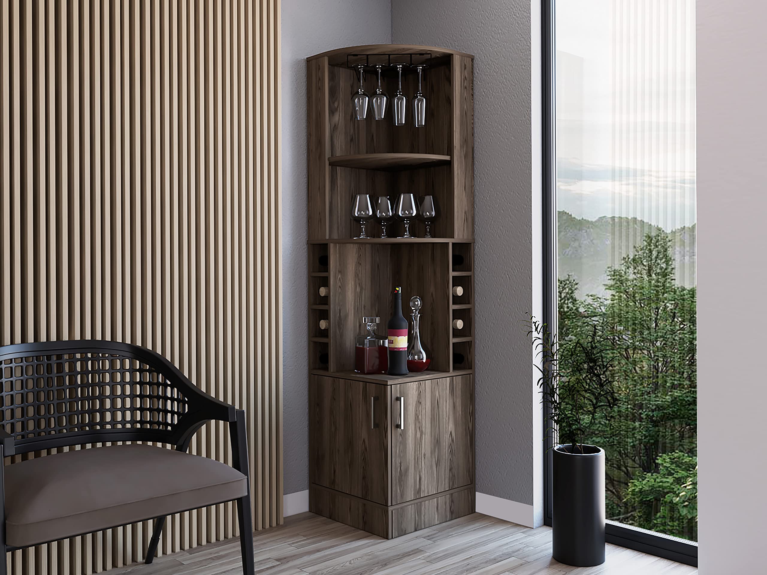 DEPOT E-SHOP Egina Corner Bar Cabinet with Two External Shelves, 71.1&quot; H, Dark Walnut, Living Room