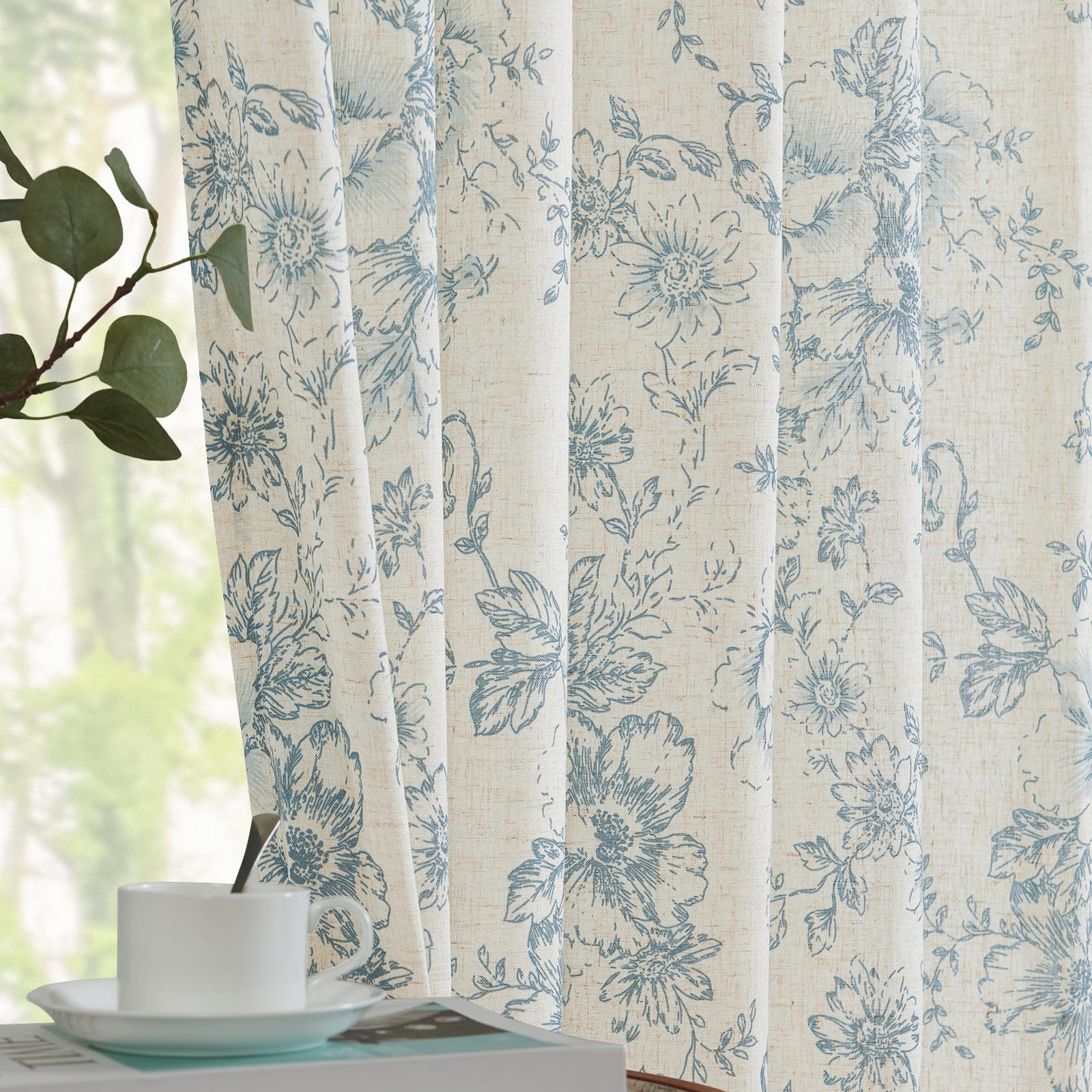 Jinchan Linen Blend Curtains Floral Curtains For Living Room 45 Inch Length Blue Printed Curtains Rod Pocket Back Tab Farmhouse Peony Flower Patterned Drapes Bedroom Window Curtain Set 2 Panels