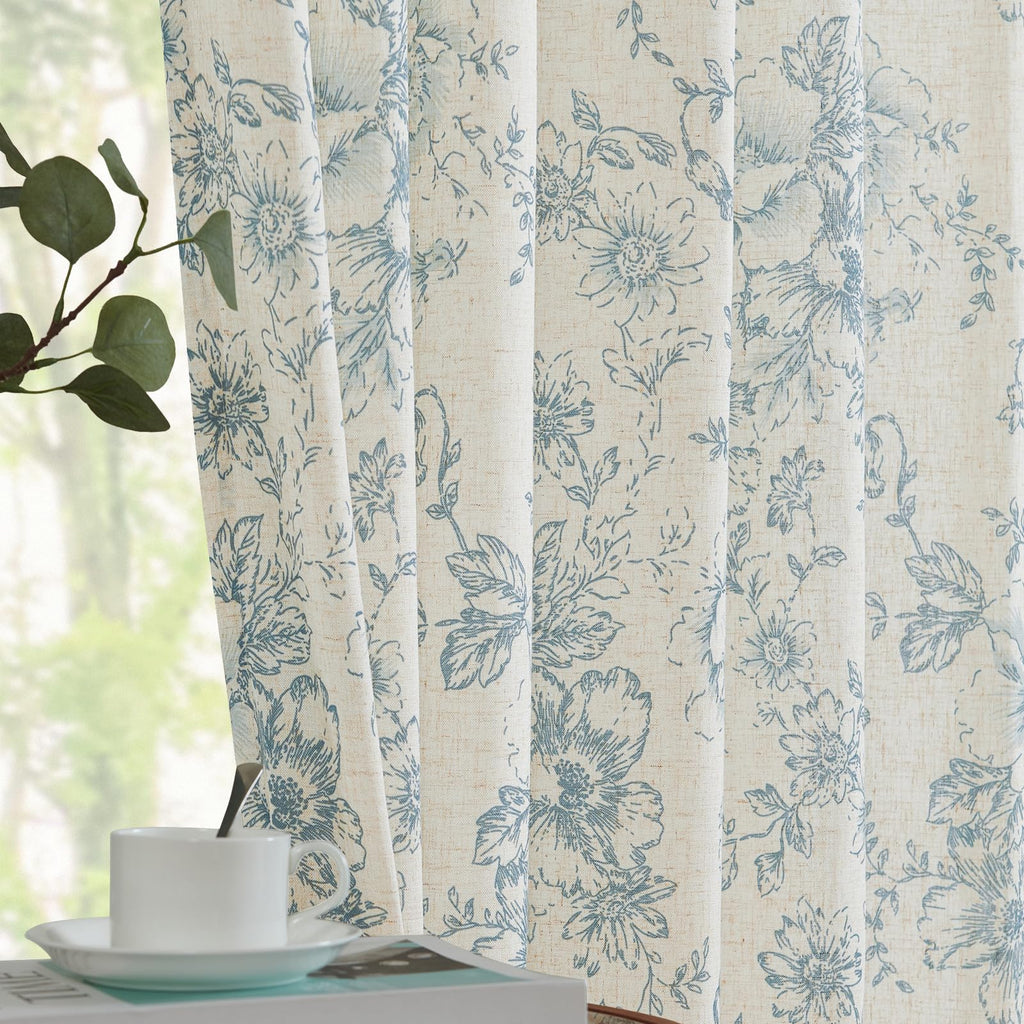 Jinchan Linen Blend Curtains Floral Curtains For Living Room 108 Inch Length Blue Printed Curtains Rod Pocket Back Tab Farmhouse Peony Flower Patterned Drapes Bedroom Window Curtain Set 2 Panels