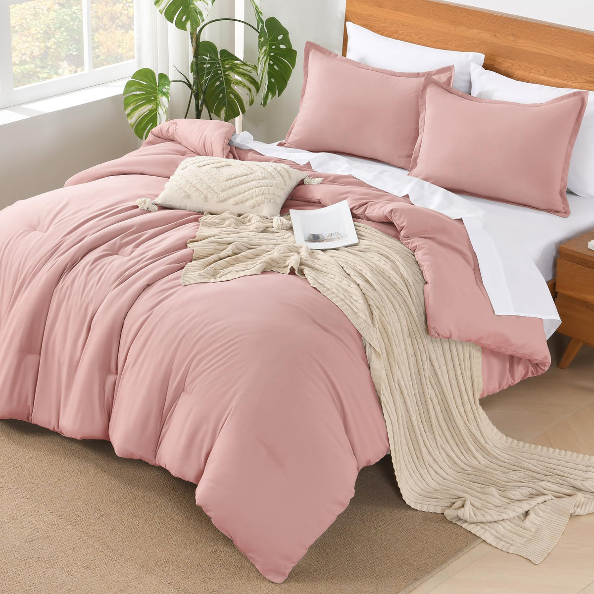 Andency Pink Comforter King Size - 7 Pieces Bed In A Bag King Bedding Comforter Sets, Summer Plain Soft Lightweight Comforter With Fitted Sheets, Flat Sheets, Pillowcases & Shams