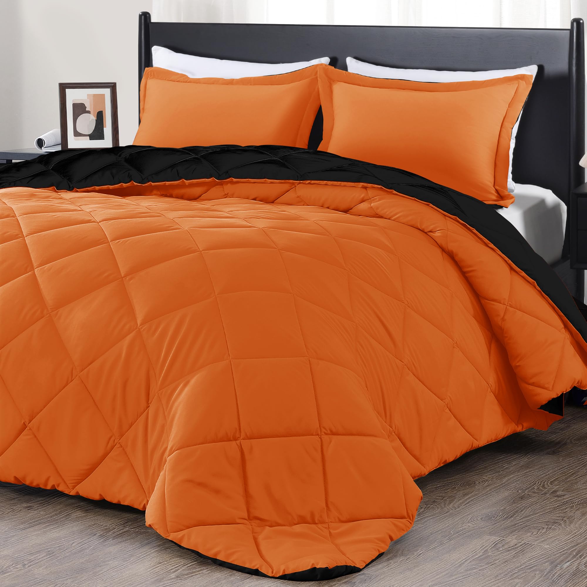 Downluxe Full Size Comforter Set - Orange And Black Full Comforter - Soft Bedding Sets For All Seasons -3 Pieces Comforter Set Full With 2 Reversible Pillow Shams