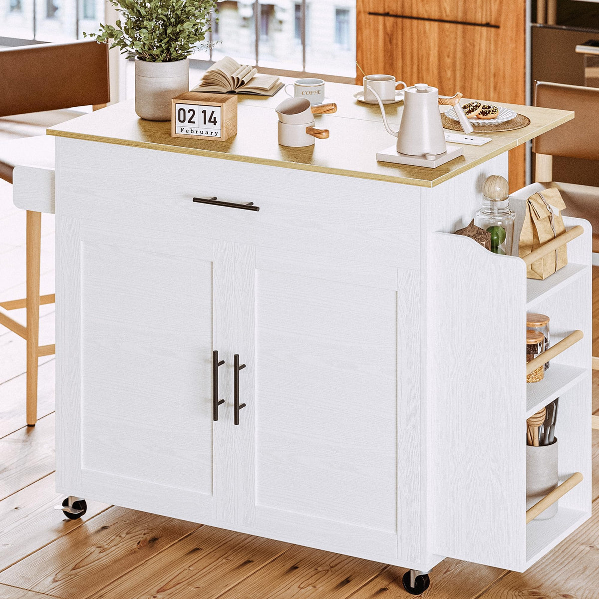 IRONCK Kitchen Island with Storage, Rolling Kitchen Island on Wheels with Drop Leaf, 3 Open Spice Rack Shelf, Door Cabinet, Draw