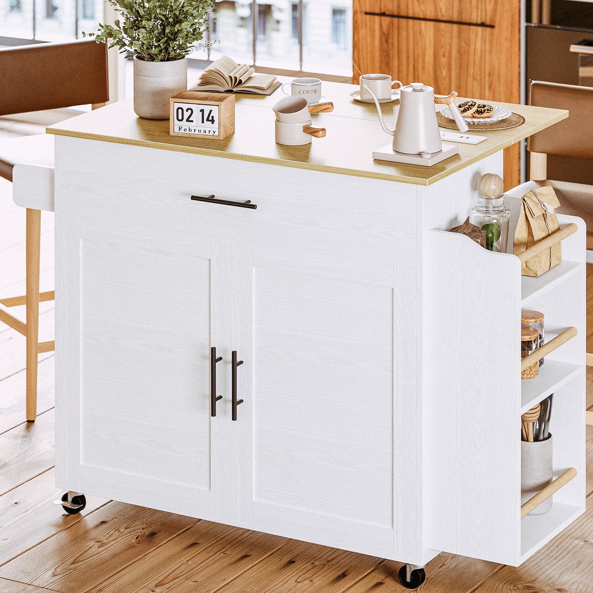 IRONCK Kitchen Island with Storage, Rolling Kitchen Island on Wheels with Drop Leaf, 3 Open Spice Rack Shelf, Door Cabinet, Draw