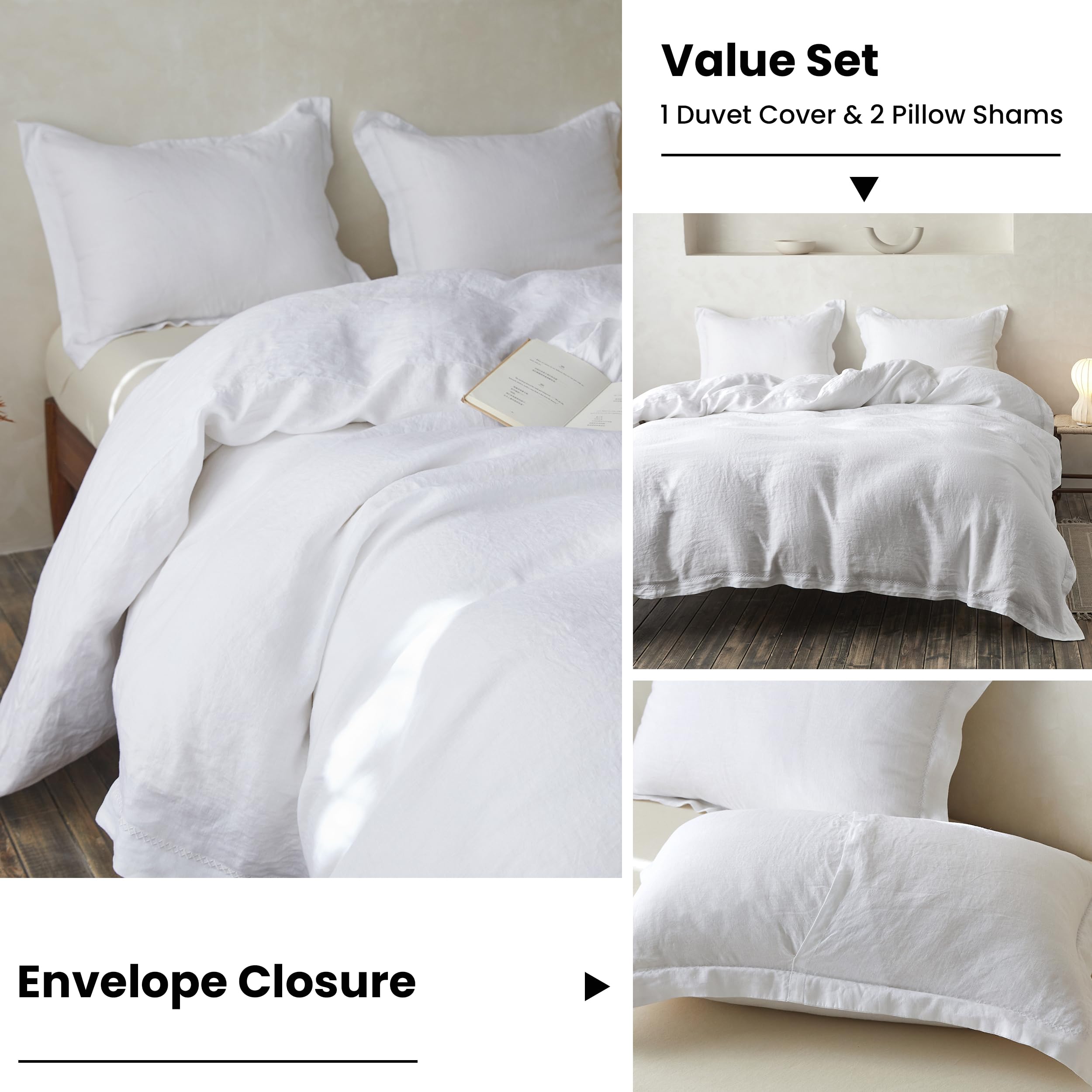 Simple&Opulence 100% Linen Duvet Cover Set With Crossed Embroidery Washed - 3 Pieces (1 Duvet Cover With 2 Pillow Shams) Soft Breathable Farmhouse - White, Queen Size