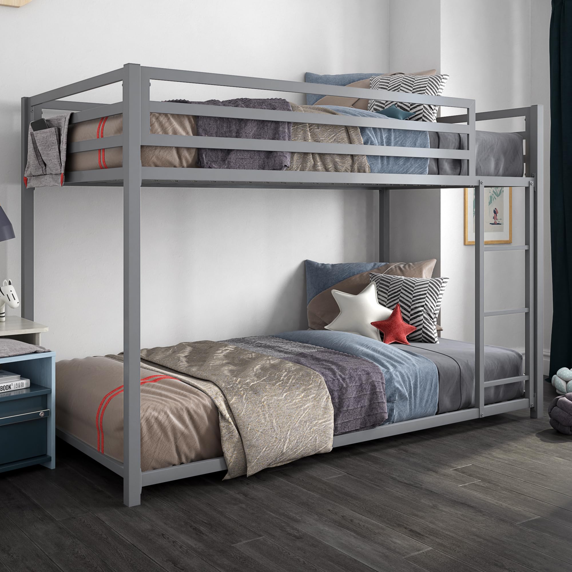 Dhp Miles Low Metal Bunk Bed Frame For Kids, With Built-In Ladder, High Guardrail And Metal Slats, Floor Bed Bottom Bunk, No Boxspring Required, For Small Spaces, Twin-Over-Twin, Silver