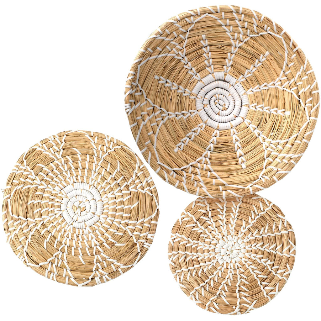 Boho Wall Basket Decor Set of 3 Decorative Bulrush Woven Basket Wall Decor Set Rustic Hanging Handmade Round Woven Wall Decor wi