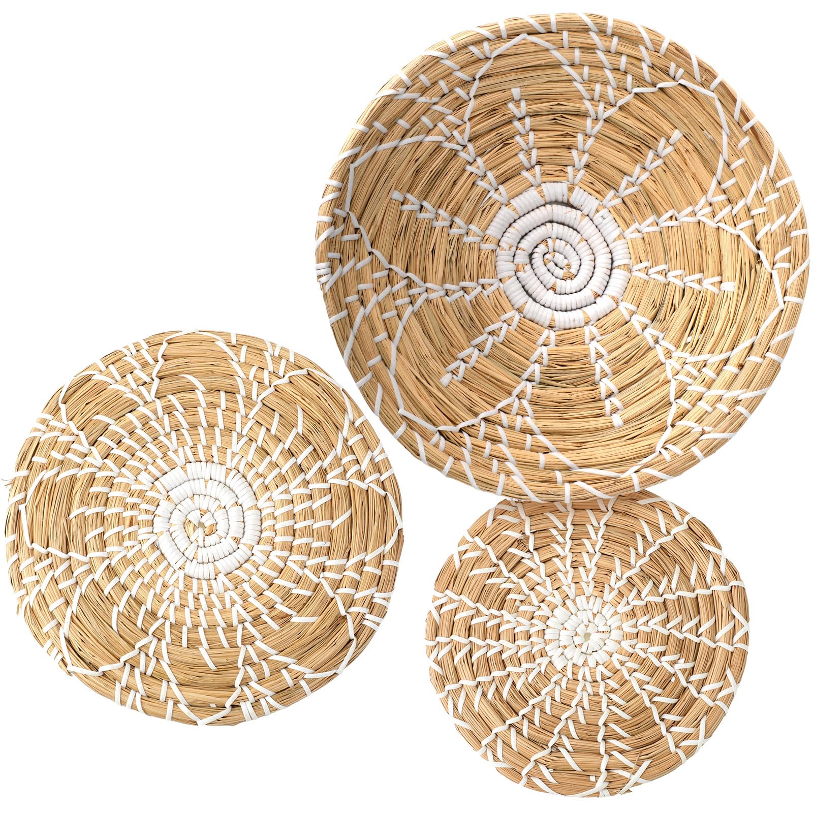 Boho Wall Basket Decor Set of 3 Decorative Bulrush Woven Basket Wall Decor Set Rustic Hanging Handmade Round Woven Wall Decor wi