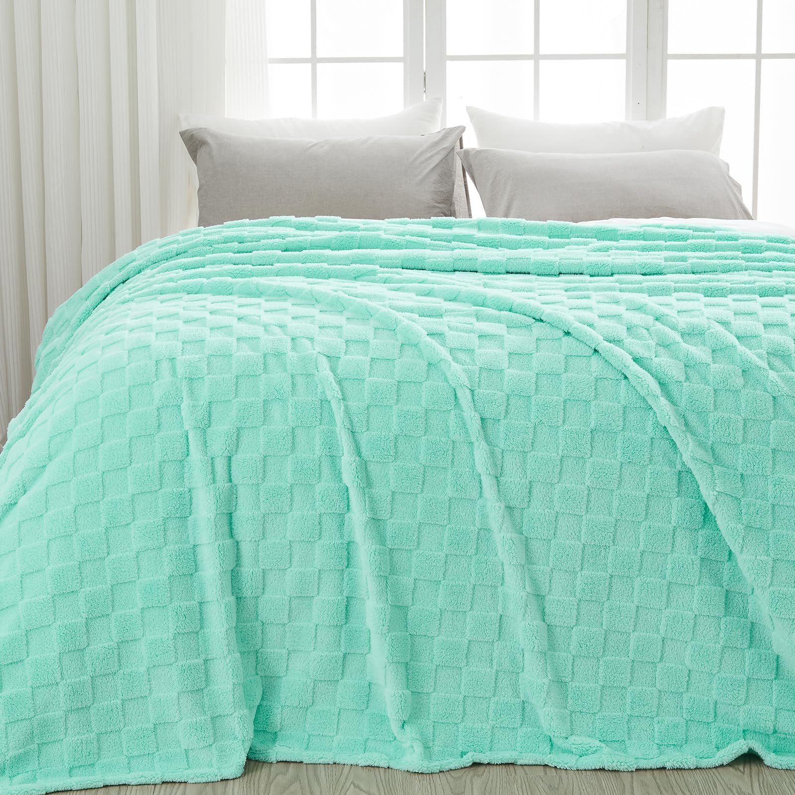 Newcosplay Super Soft Queen Blanket Aqua Premium Silky Flannel Fleece 3D Checkered Lightweight Bed Blanket All Season Use (Aqua