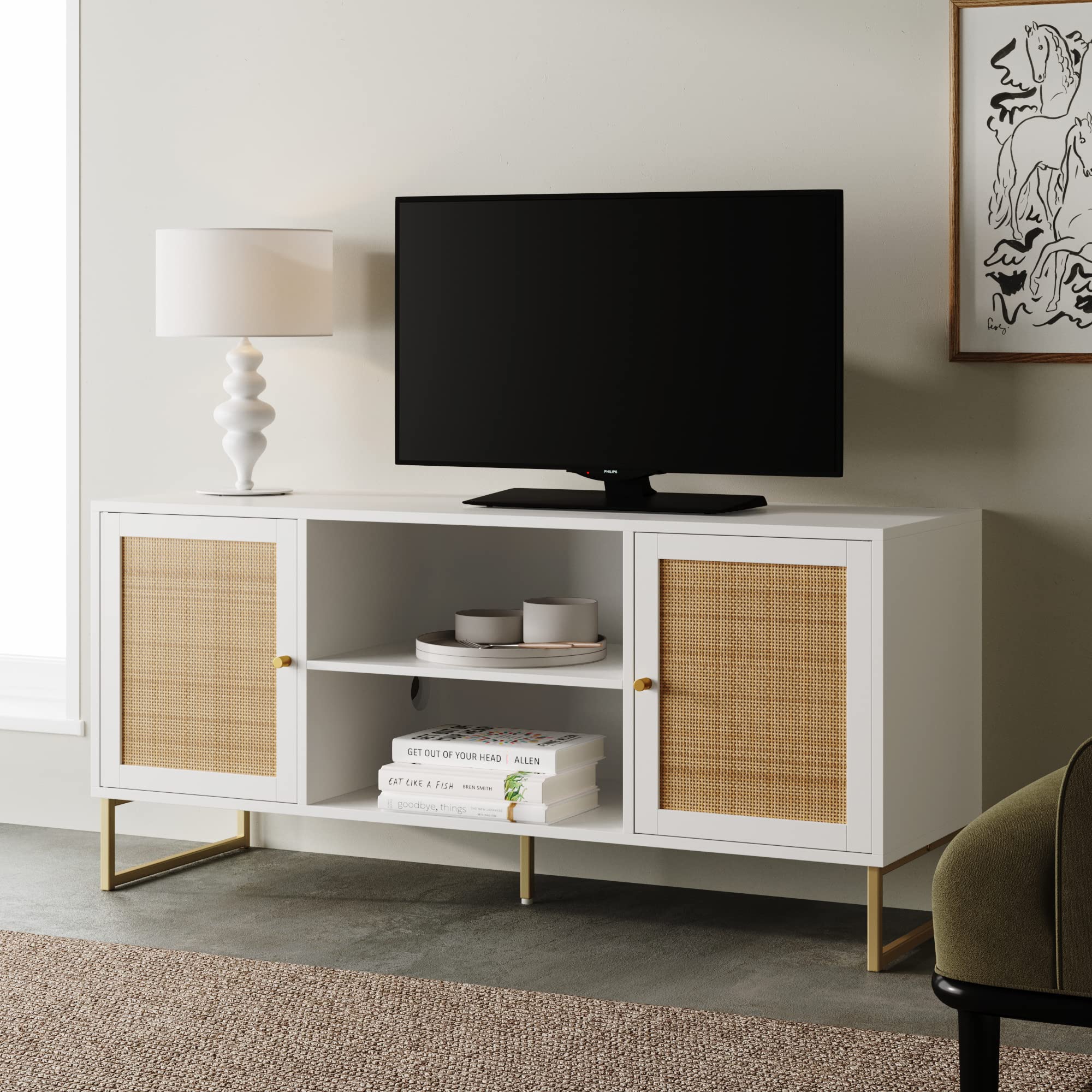 Nathan James Mina Modern TV Stand, Entertainment Cabinet, Console with a Natural Rattan Storage Doors, Finish Brass Accents for 
