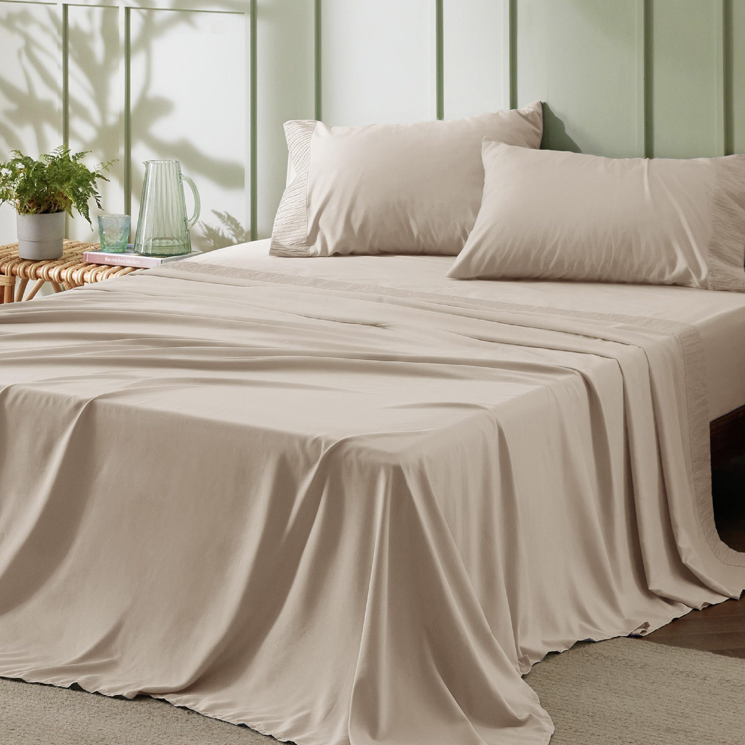 Bedsure Full Size Sheet Sets - Soft Sheets For Full Size Bed, 4 Pieces Hotel Luxury Light Khaki Sheets Full, Easy Care Polyester