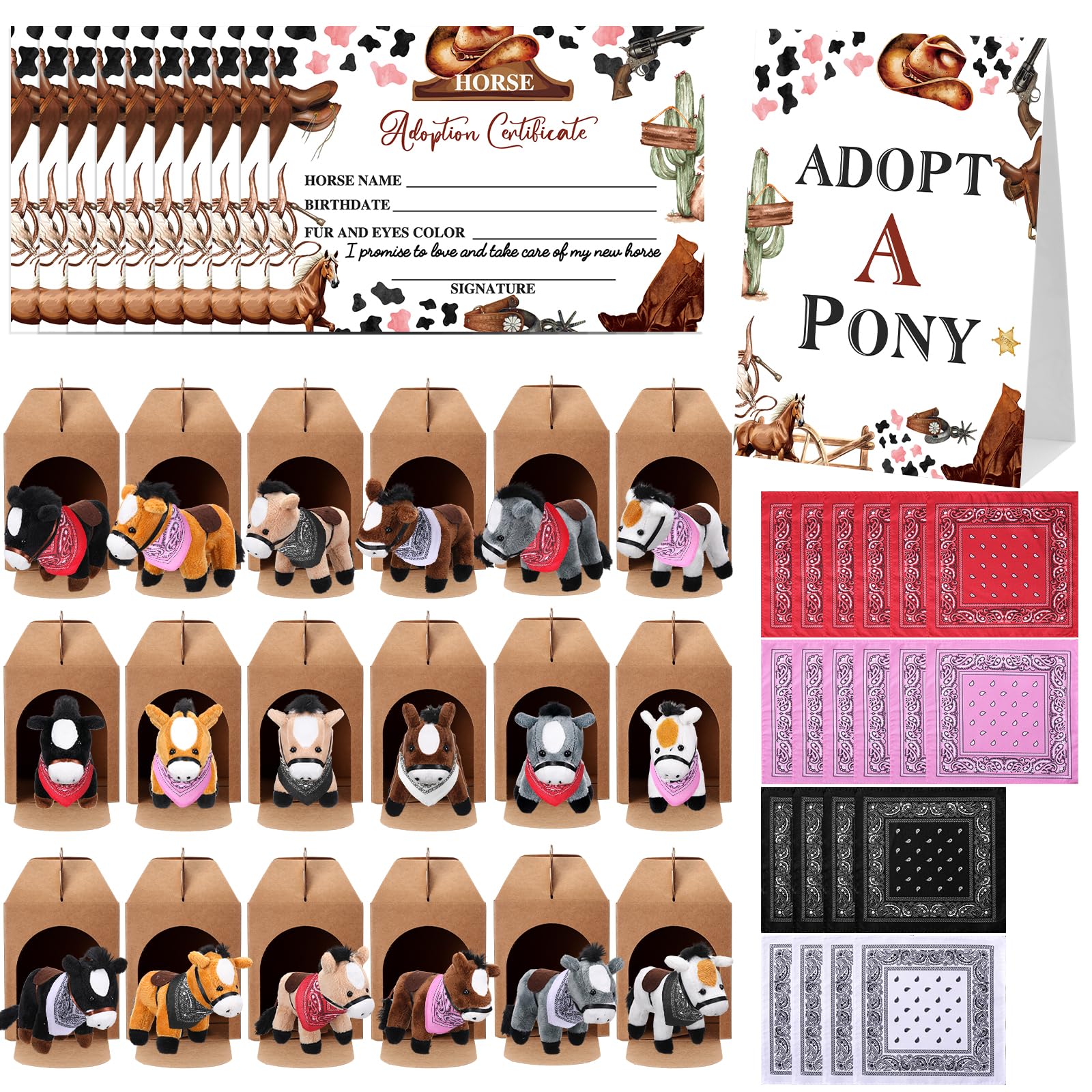 Cinnvoice 73 Pcs Adopt a Horse Party Supplies, 18 Animals Centerpiece 18 Foldable Boxes 18 Cute Scarfs 18 Adoption Certificates 