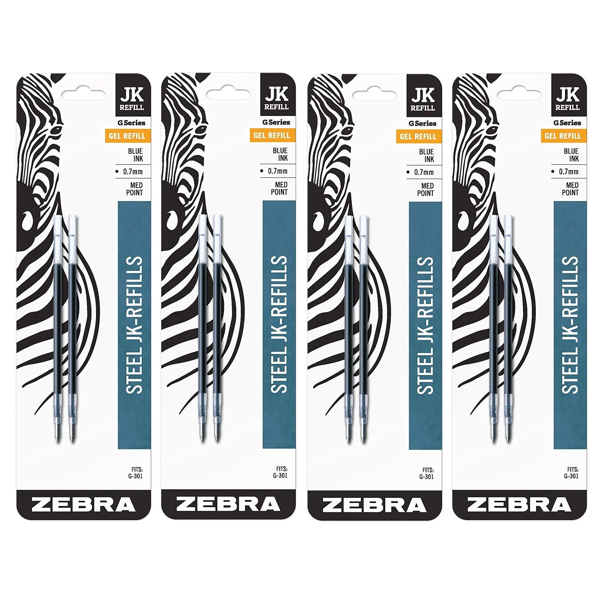Zebra G-301 Stainless Steel Pen Jk-Refill, Medium Point, 0.7Mm, Blue Ink, 2-Count, 4 Pack