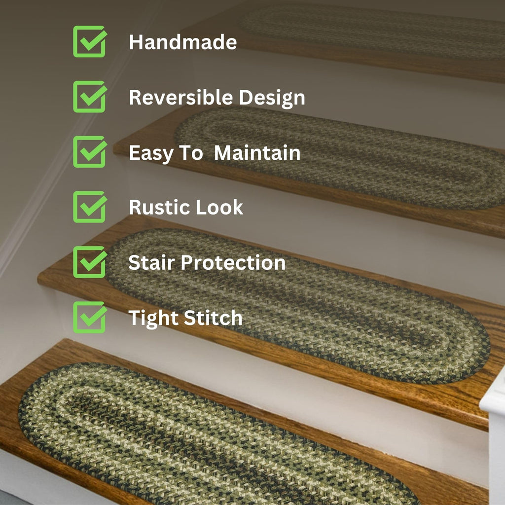Homespice Pinecone Premium Jute Braided Stair Tread 8'' X 28'' (Set Of 13) Rectangular Green Reversible, Natural Jute Yarn Rusti