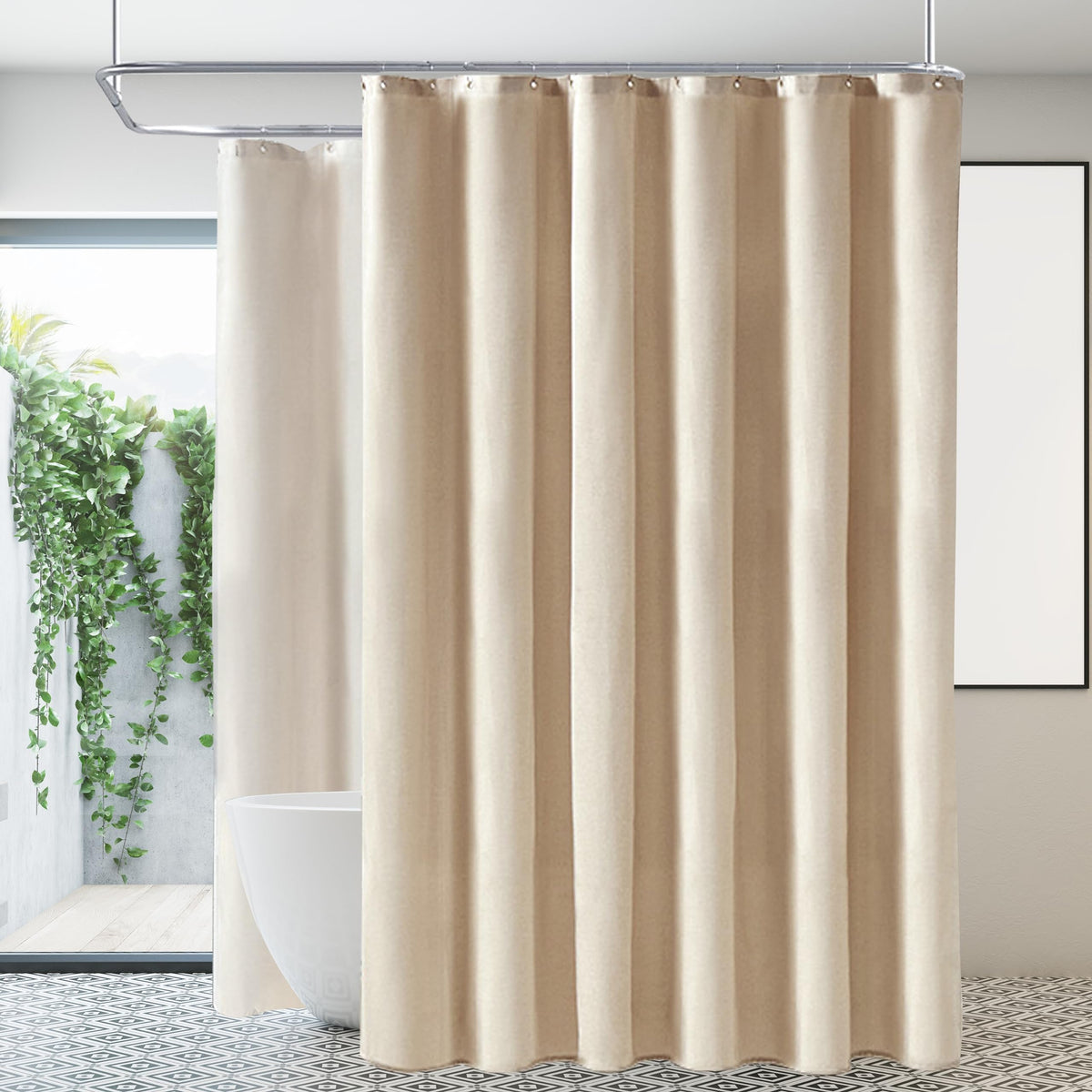 Linen Ivory Shower Curtain Cream, Linen Textured Heavy Duty 230Gsm Fabric Shower Curtain Set, Boho Farmhouse Shabby Chic Rustic