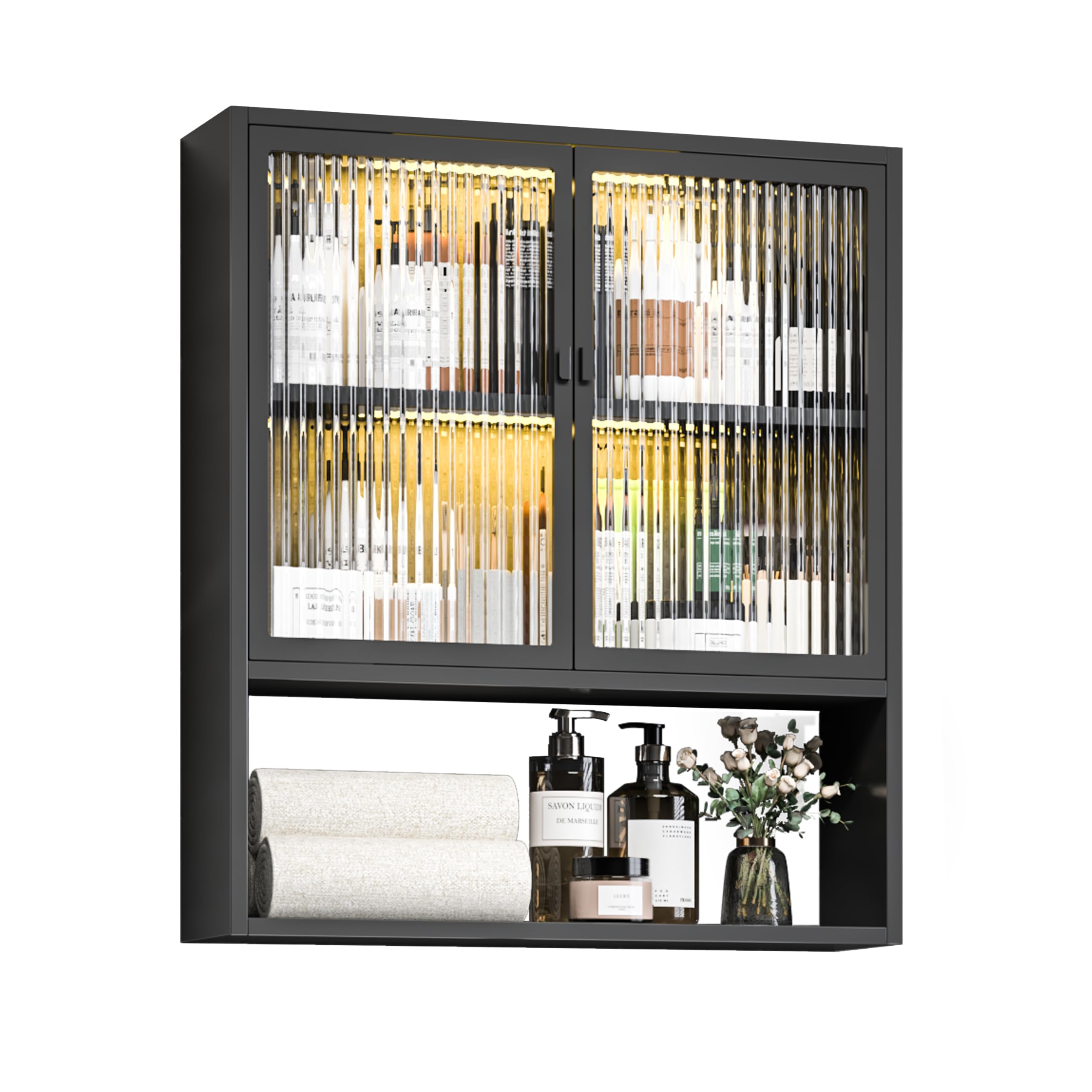 ZONLESON Bathroom Wall Cabinet,Metal Medicine Cabinet with Glass Doors,Wall Mounted Cabinet Over The Toilet,Black Small Cupboard