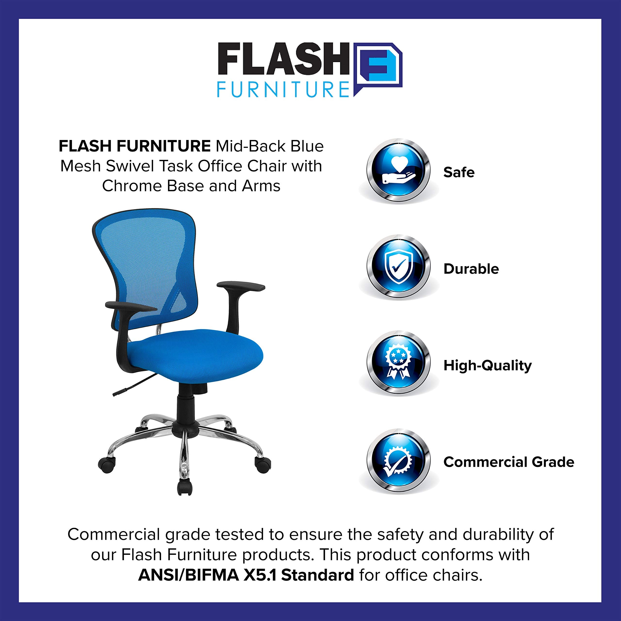 Flash Furniture Alfred Mid-Back Blue Mesh Swivel Task Office Chair with Chrome Base and Arms