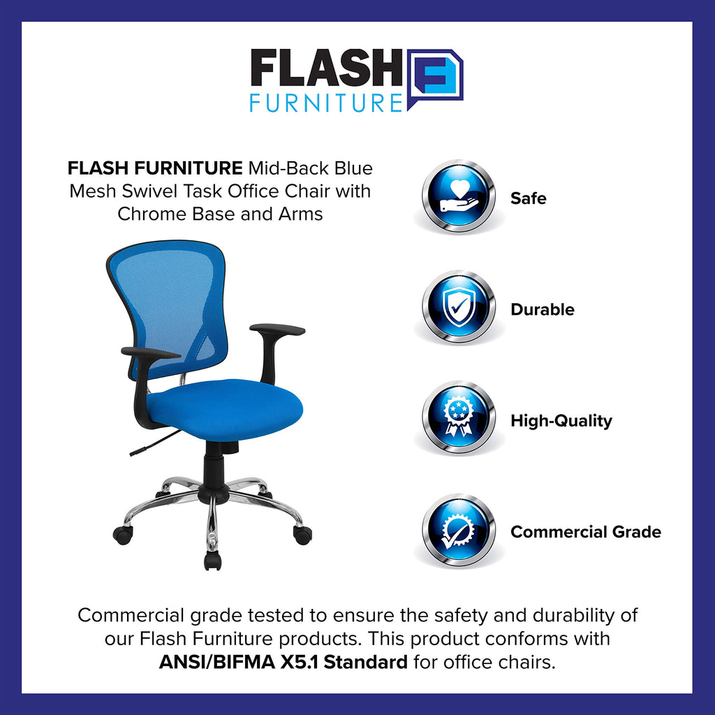 Flash Furniture Alfred Mid-Back Blue Mesh Swivel Task Office Chair with Chrome Base and Arms