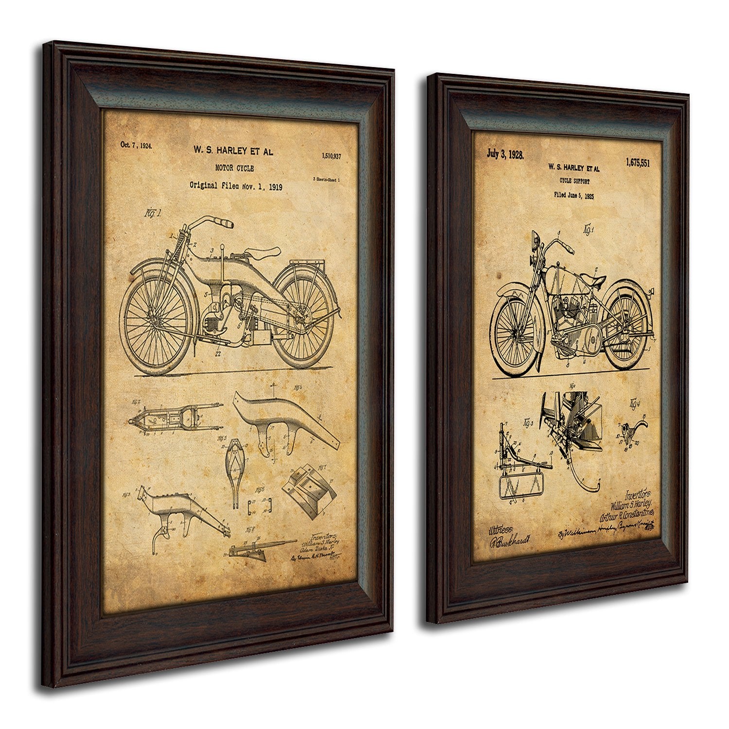 Harley Davidson Patent Prints - Framed Behind Glass 14x17 (Two Bikes - 2pc Set)