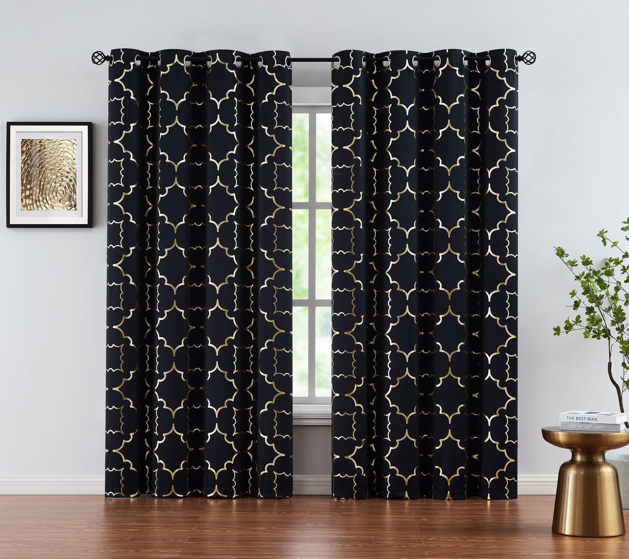 Foil Gold Blackout Window Curtains For Bedroom Living Room 95Inch Long Modern Metallic Print Thermal Insulated Drapes Privacy Pr