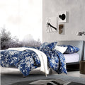 Eastern Floral Chinoiserie Blossom Print Duvet Quilt Cover Navy Blue Tan White Asian Style Botanical Tree Branches Ornamental Dr
