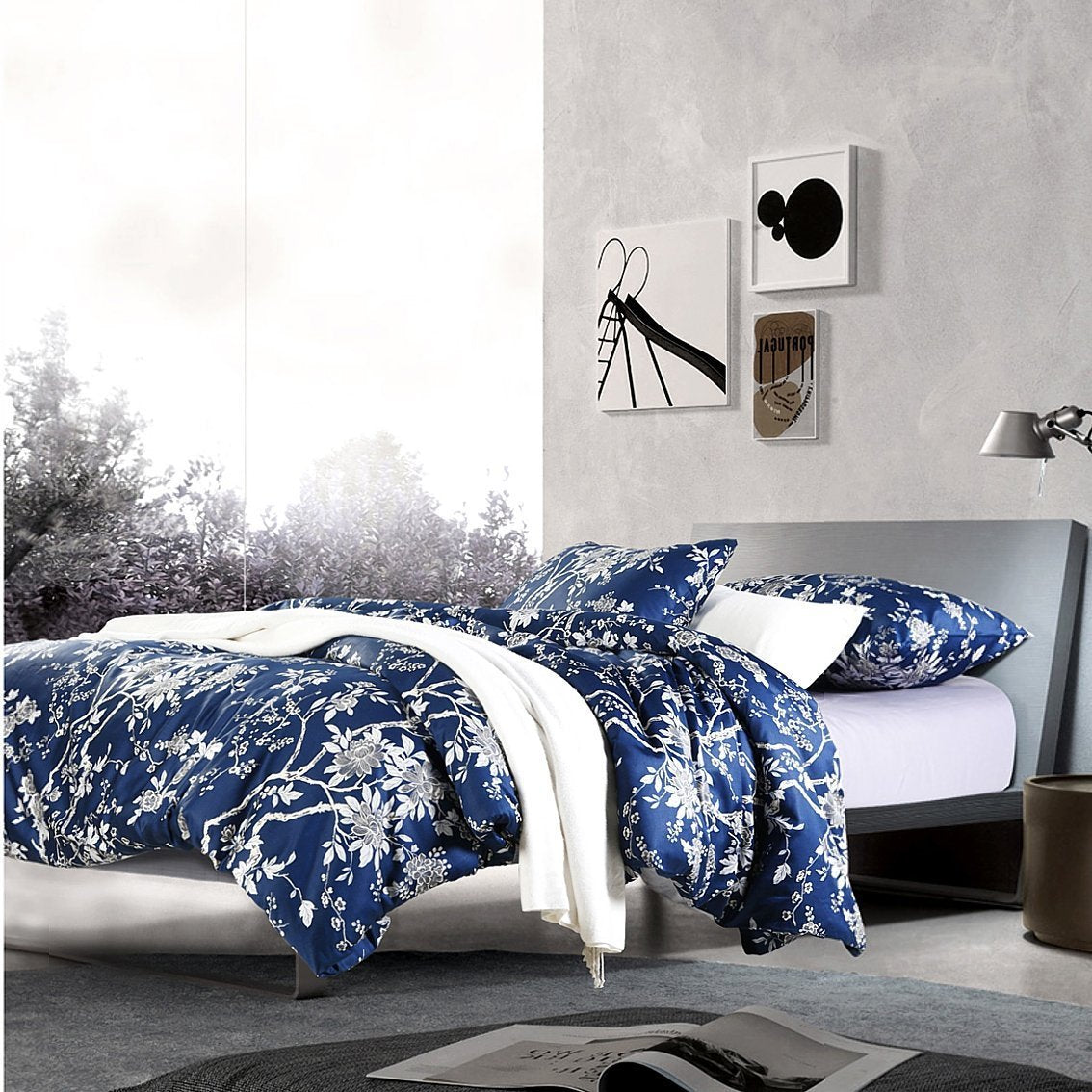 Eastern Floral Chinoiserie Blossom Print Duvet Quilt Cover Navy Blue Tan White Asian Style Botanical Tree Branches Ornamental Dr