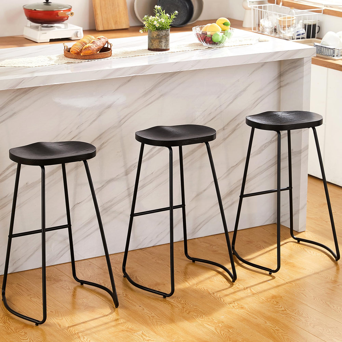 Heugah Bar Stools Set Of 3, Bar Height Wooden Bar Stools Saddle Seat, 30' Backless Barstool For Kitchen Island, Black Bar Stools Easy To Assemble (Black, 3 Pcs 30Inch Barstool)