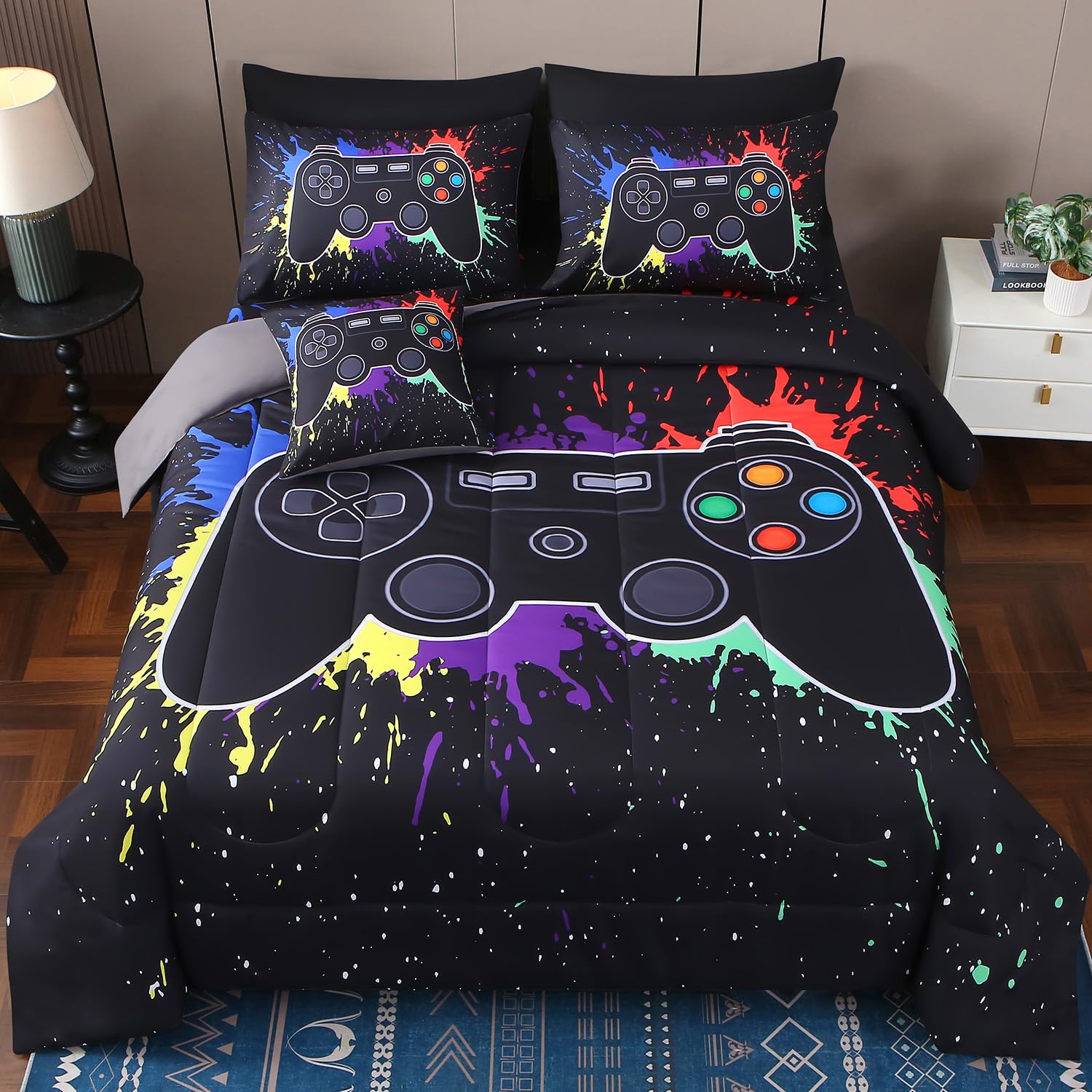 Jqinhome Full Gamer Comforter Sets For Boys,8 Piece Bed In A Bag 3D Video Game Bedding -All Season Microfiber Gamer Bedding Sets