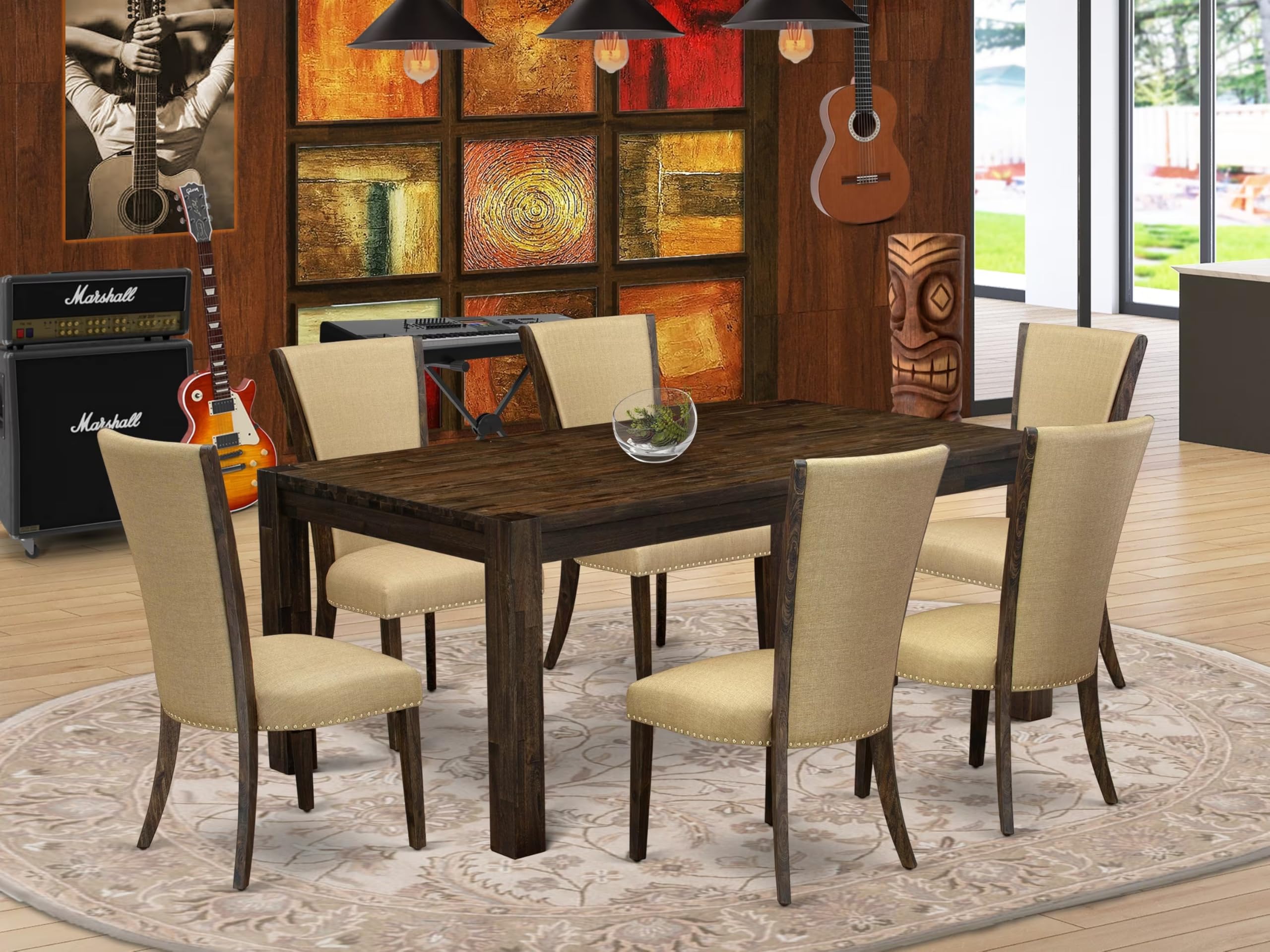 East West Furniture Lmve7-77-03 7 Piece Kitchen Table Set Consist Of A Rectangle Rustic Wood Dining Table And 6 Brown Linen Fabric Parson Dining Room Chairs, 40X72 Inch, Jacobean