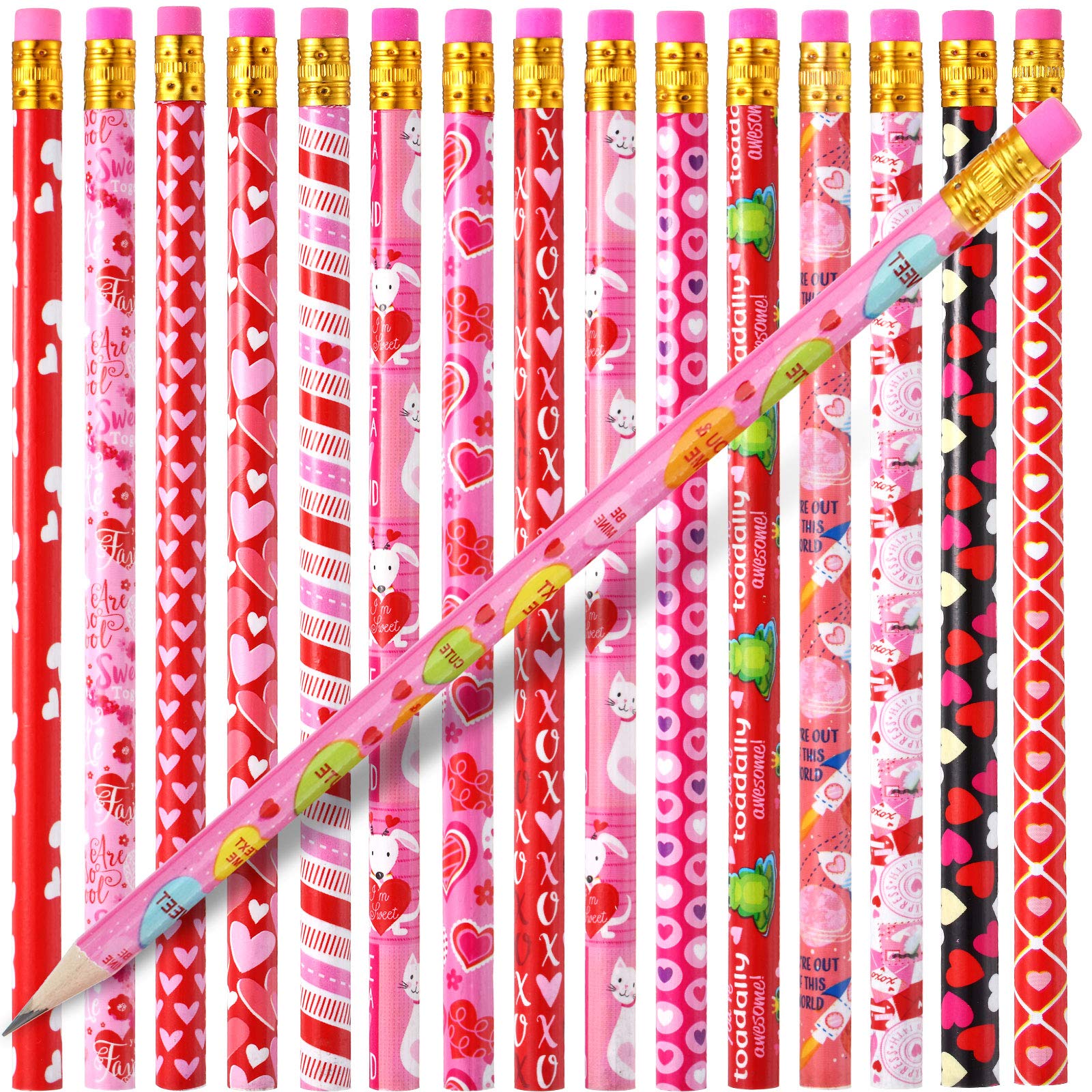 Zonon Valentine'S Day Pencils For Kids Wood Valentine Pencils With Erasers Mixed Heart Pattern Assortment For Students Stationer
