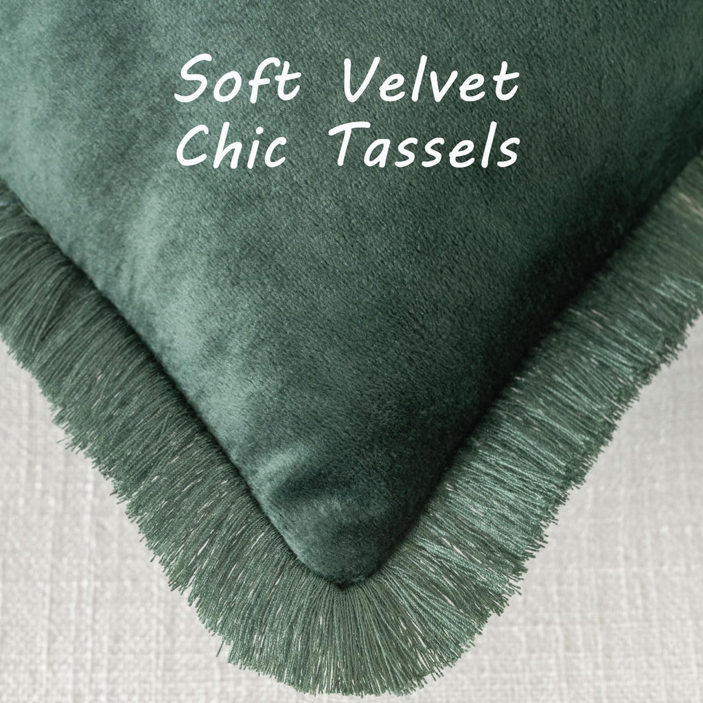 Futei Army Green Boho Throw Pillow Covers With Tassels 22X22 Inch Set Of 2,Soft Velvet Decorative Cushion Case,Home Decor For Co