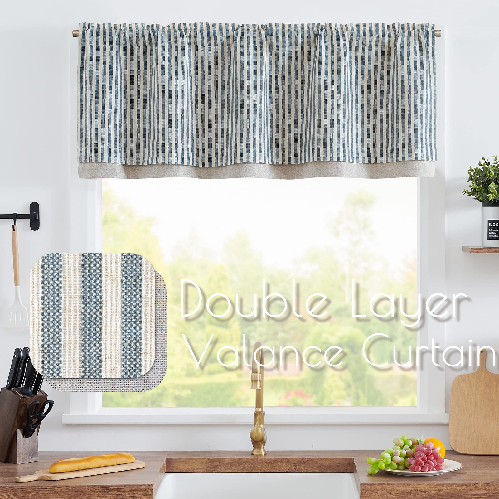 Jinchan Linen Valance Curtain Stripe Valance For Windows 16 Inch Blackout Kitchen Curtain Farmhouse Double Layer Valance For Living Room Laundry Ticking Stripe Valance Rod Pocket 1 Panel Blue On Beige