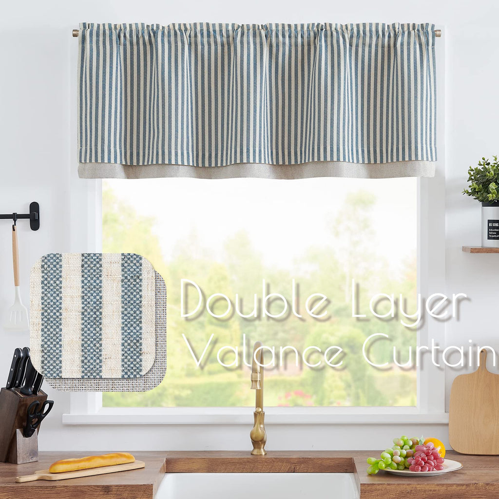 Jinchan Linen Valance Curtain Stripe Valance For Windows 16 Inch Blackout Kitchen Curtain Farmhouse Double Layer Valance For Living Room Laundry Ticking Stripe Valance Rod Pocket 1 Panel Blue On Beige