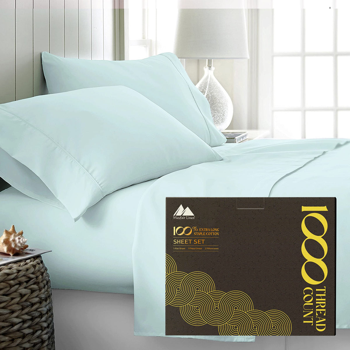 Mayfair Linen 100% Egyptian Cotton Sheets Set Queen - 1000 High Thread Count, Luxury 5-Star Hotel 4 Pc Sateen Bed Sheet Queen Si