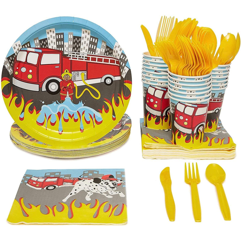 BLUE PANDA - Firetruck Birthday Party Decorations, Paper Plates, Napkins, Cups and Plastic Cutlery (Serves 24, 144 Pieces)